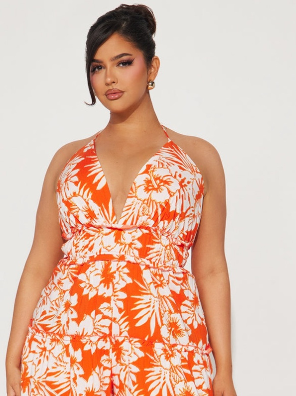 Fashion Nova Orange & White Floral Halter Jumpsuit